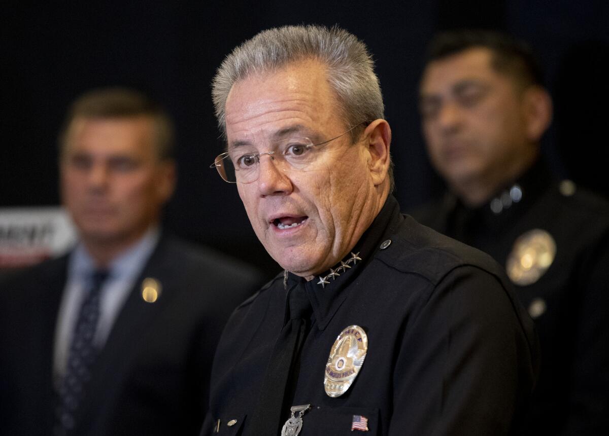 LAPD Chief Michel Moore speaks at a news conference in November. 