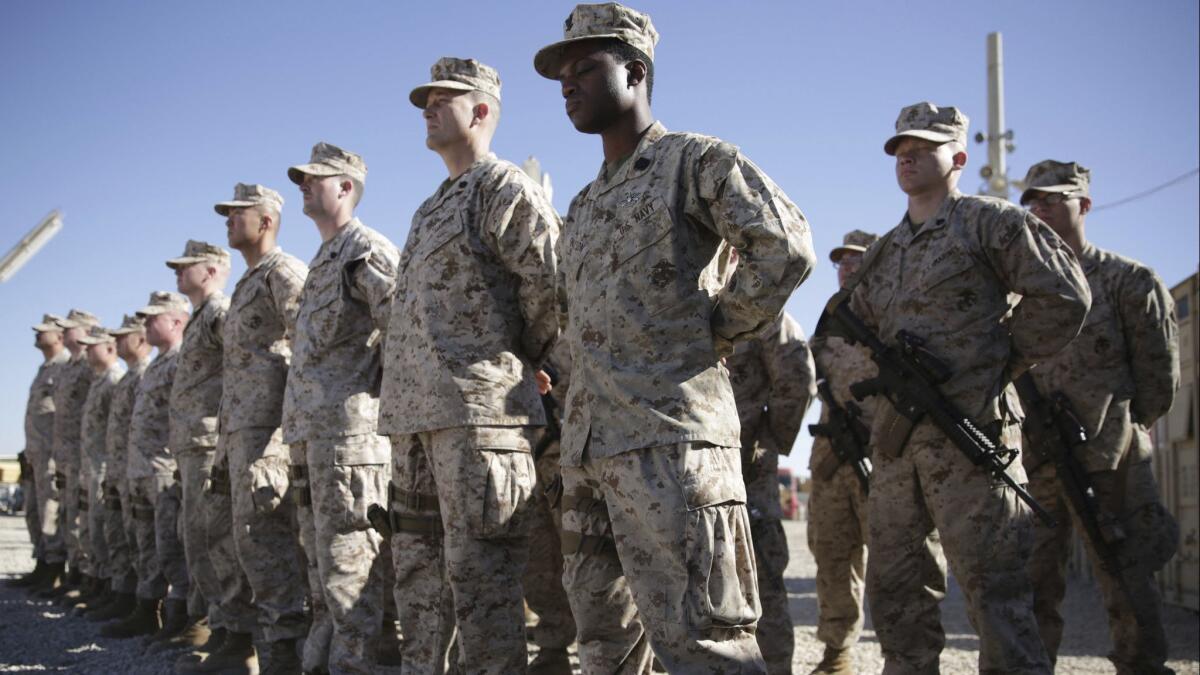 U.S. Marines stand during a change of command ceremony in the Shorab military camp of Helmand province, Afghanistan on Jan. 15, 2018.