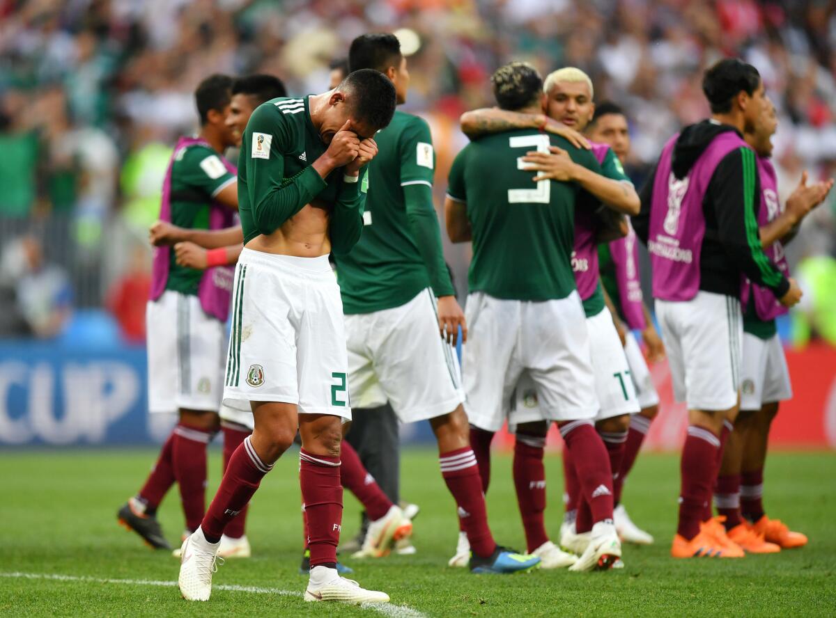 Edson Alvarez of Mexico celebrates victory following the 2018 FIFA World Cup Russia group F match between Germany and Mexico at Luzhniki Stadium on June 17, 2018 in Moscow, Russia.