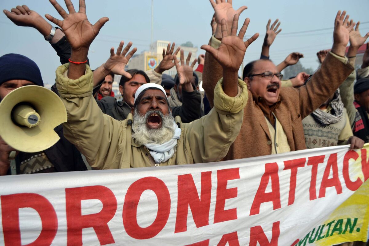 Pakistanis protest against U.S. drone attacks.