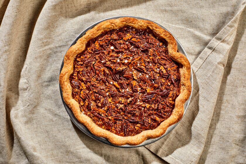 LOS ANGELES, CA - NOVEMBER 2, 2022: Pecan pie prepared by cooking columnist Ben Mims on November 2, 2022 in the LA Times test kitchen. (Katrina Frederick / For The Times)