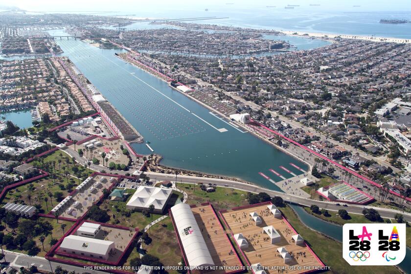 An artist's rendering of the rowing venue in Long Beach for the 2028 Los Angeles Olympics.