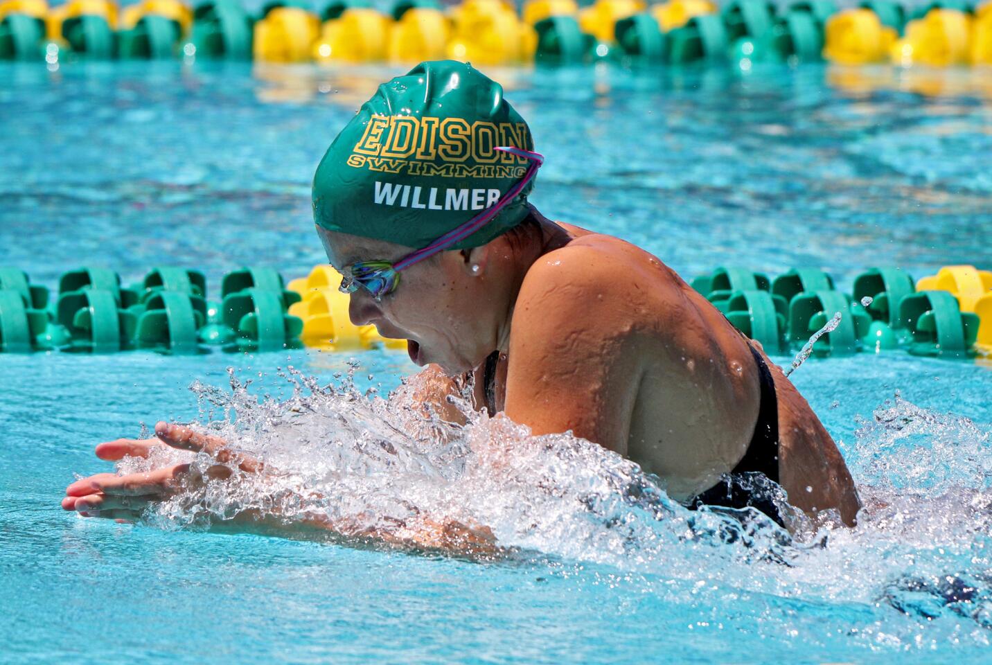 Edison High's Emma Willmer won the girls' 200-yard individual medley in the Wave League swimming finals at Golden West College in Huntington Beach on Thursday.