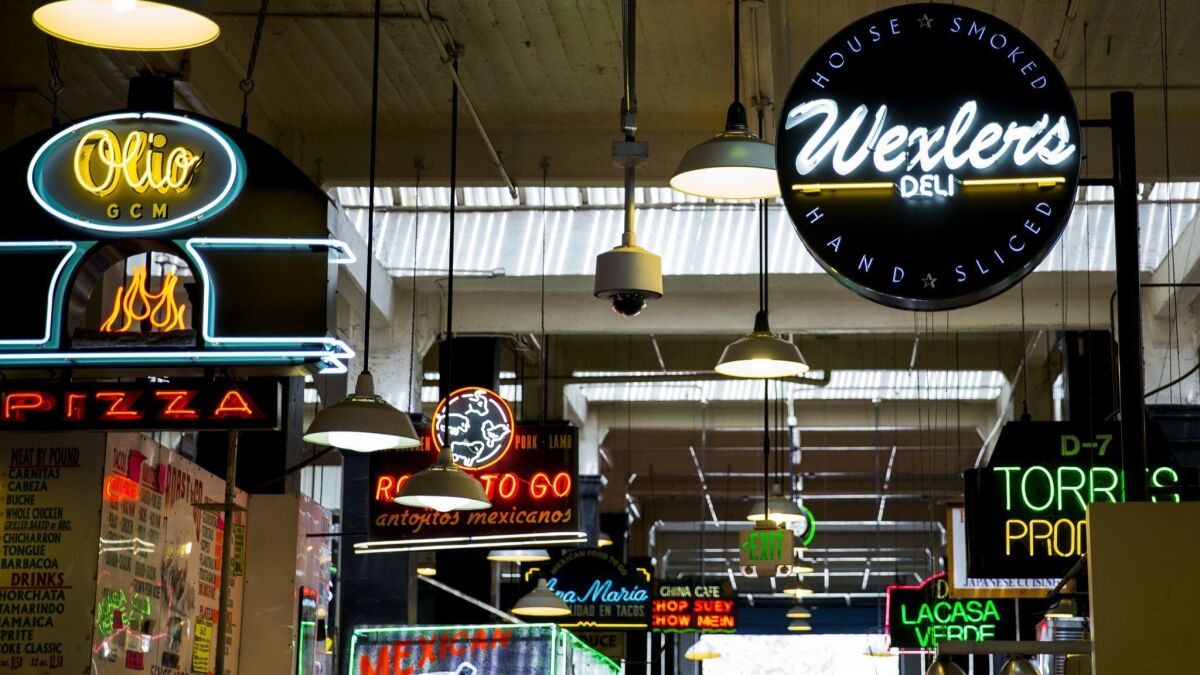LOS ANGELES, CA -- JULY 25, 2014--The neon sign of Wexler's Deli, fits right in, inside Grand Central Market, in downtown L.A., July 25, 2014. (Jay L. Clendenin / Los Angeles Times)