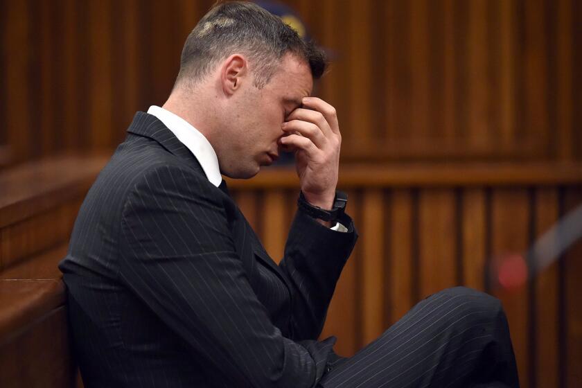 South African paralympian Oscar Pistorius at Pretoria High Court on June 13, 2016, during the sentencing hearing set to send him back to jail for killing his girlfriend three years ago.