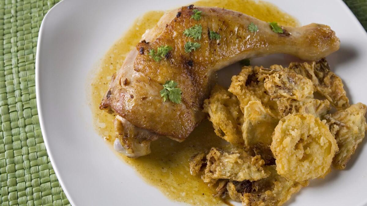 Roast chicken with fried artichokes and lemons