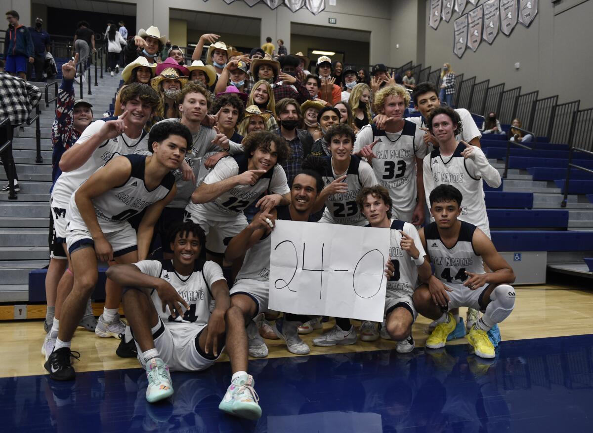 San Marcos' basketball players pose with a 24-0 sign after beating Mission Hills.
