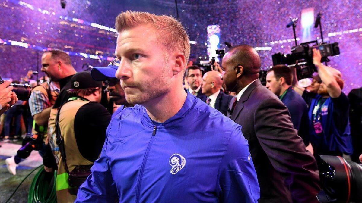 Rams head coach Sean McVay walks off the field after losing to the New England Patriots in Super Bowl LIII in Atlanta on Feb. 3, 2019.