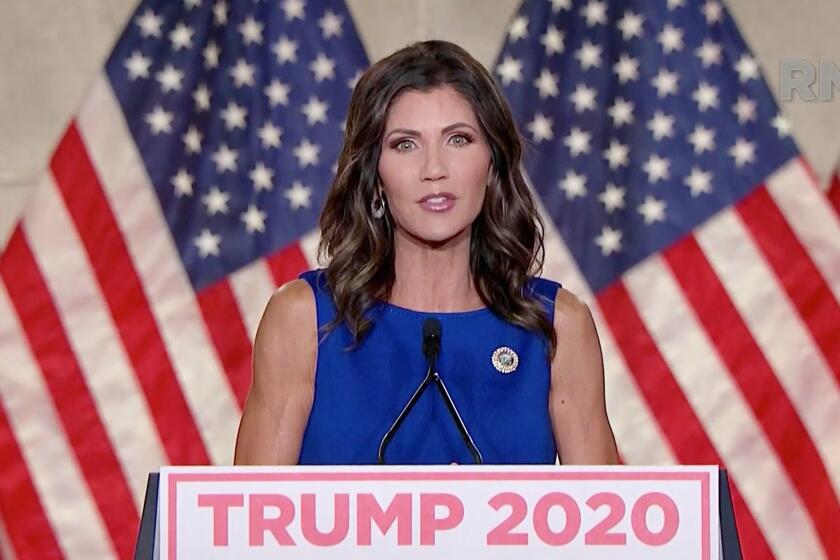 CHARLOTTE, NC - AUGUST 26: (EDITORIAL USE ONLY) In this screenshot from the RNC’s livestream of the 2020 Republican National Convention, South Dakota Gov. Kristi Noem addresses the virtual convention on August 26, 2020. The convention is being held virtually due to the coronavirus pandemic but will include speeches from various locations including Charlotte, North Carolina and Washington, DC. (Photo Courtesy of the Committee on Arrangements for the 2020 Republican National Committee via Getty Images)