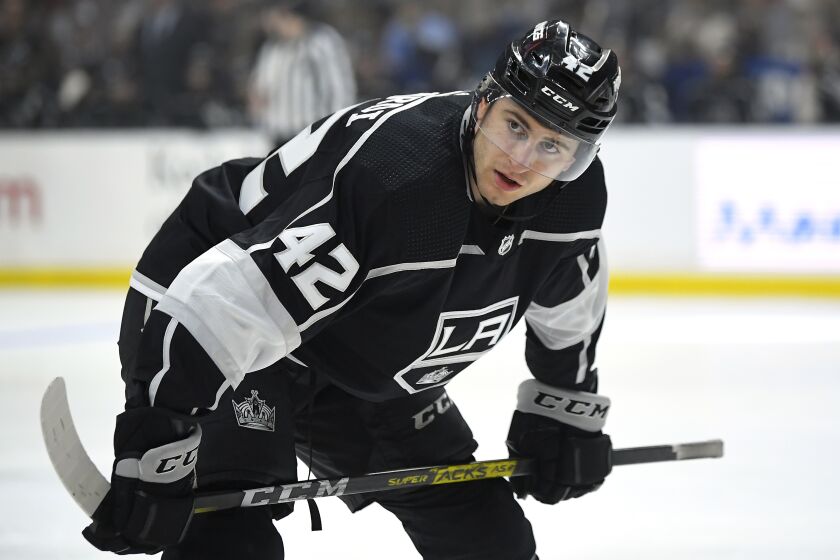 Los Angeles Kings center Gabriel Vilardi waits for a face-off during the second period.
