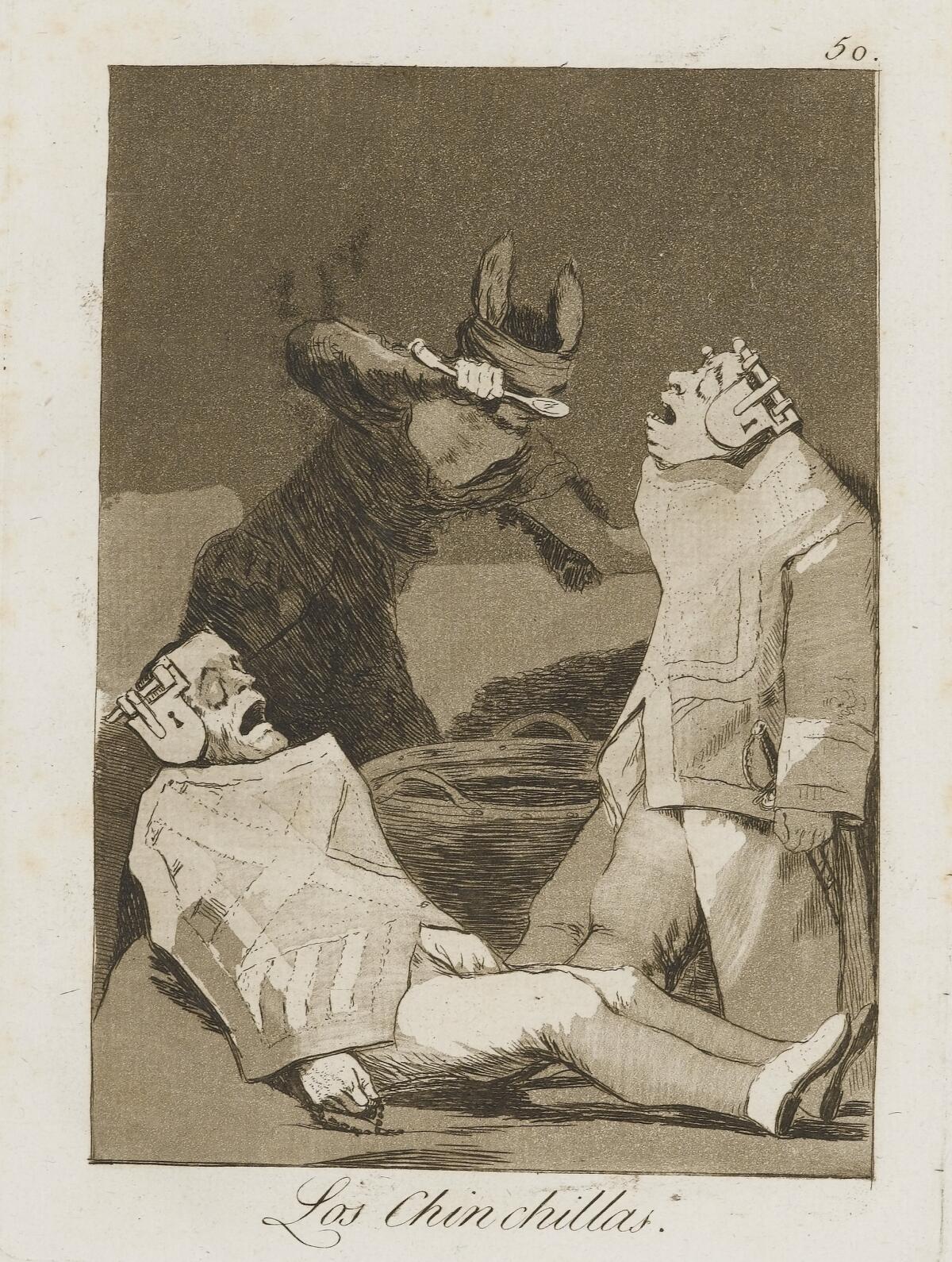 An aquatint drawing of a donkey-eared humanoid preparing to spoon-feed a standing man as another man lies nearby