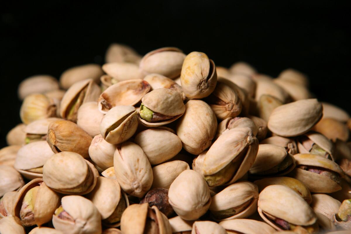 Pistachios sit on a table in San Francisco