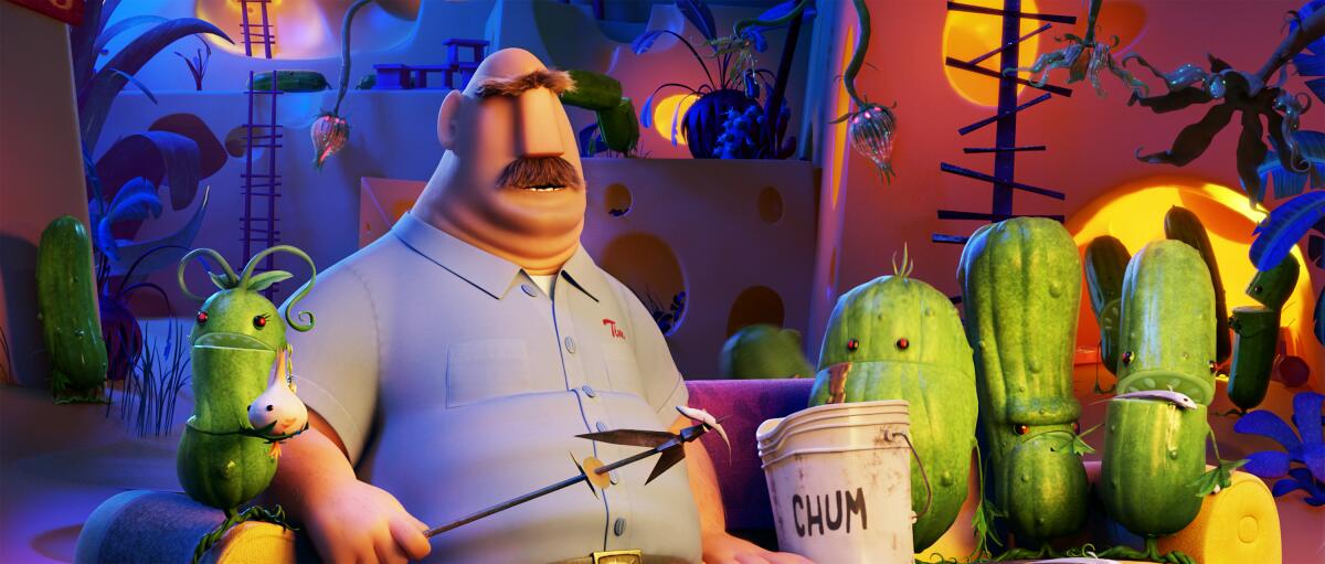 A cartoon man with a moustache, surrounded by animated pickles.