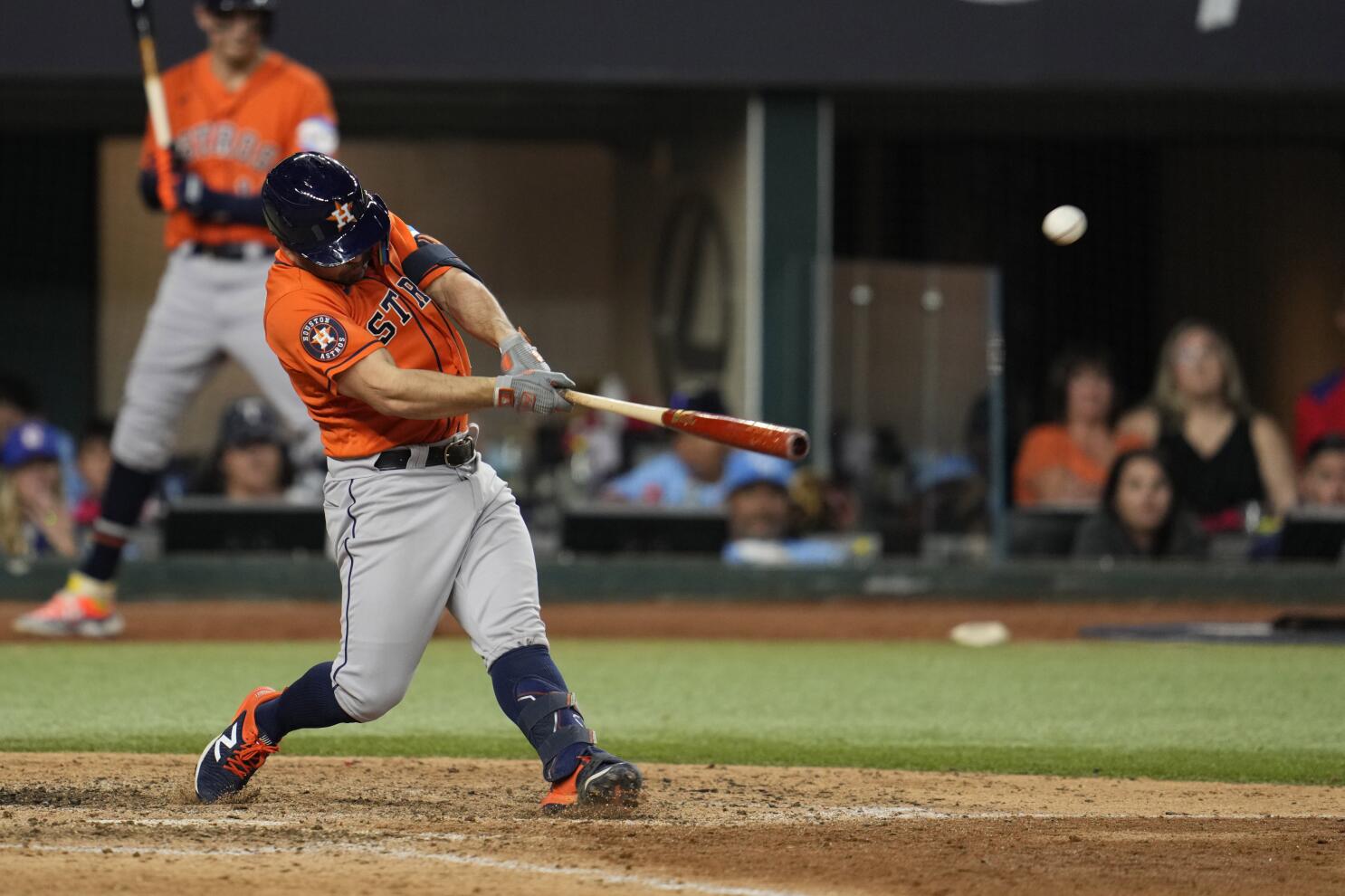 Houston Astros Martin Maldonado (15) breaks his bat on the swing during the  fourth inning in Game 1 of baseball's American League Championship Series  between the Houston Astros and the New York