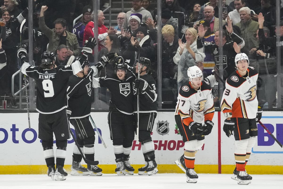 The Kings celebrate after left wing Kevin Fiala scored during the third period against the Ducks.