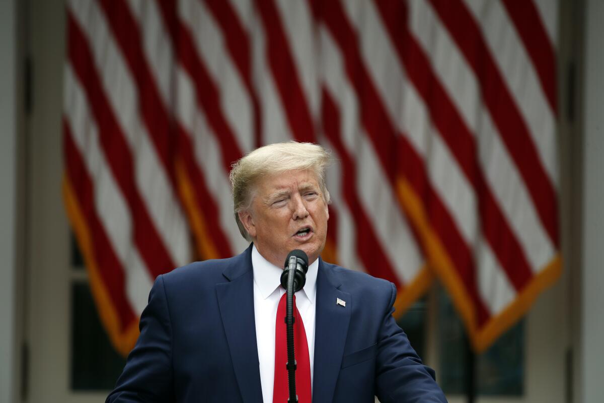 President Trump speaks during a news conference in the Rose Garden of the White House on May 29.