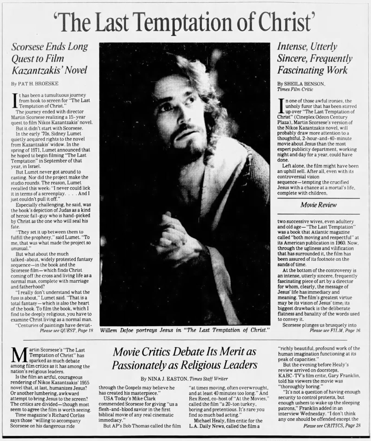 The August 12, 1988 edition of the Los Angeles Times covered the controversy surrounding "The Last Temptation of Christ"