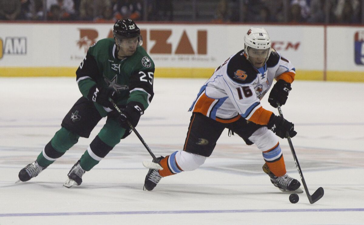 The Gulls battling against the Texas Stars at the Valley View Casino Center in San Diego.