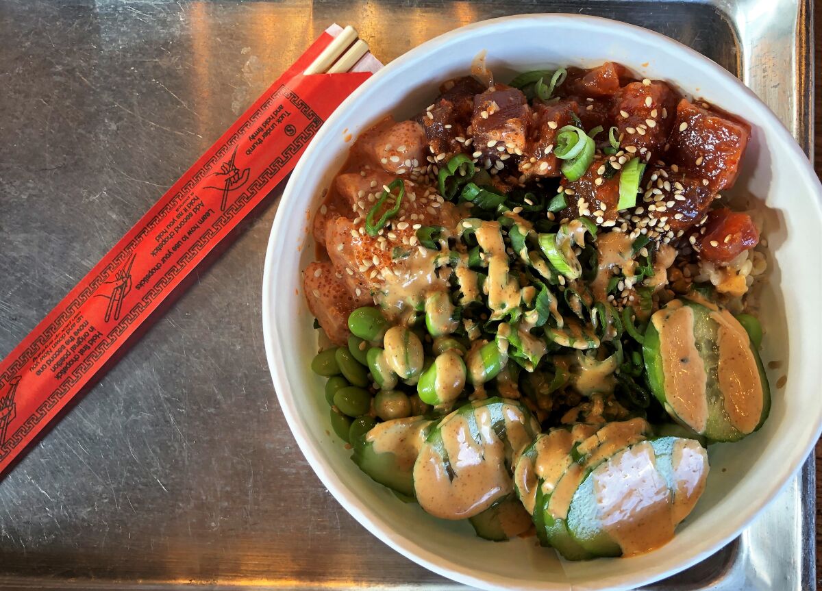 A regular poke bowl from Pacific Poke Co. at Market on 8th food hall in National City 