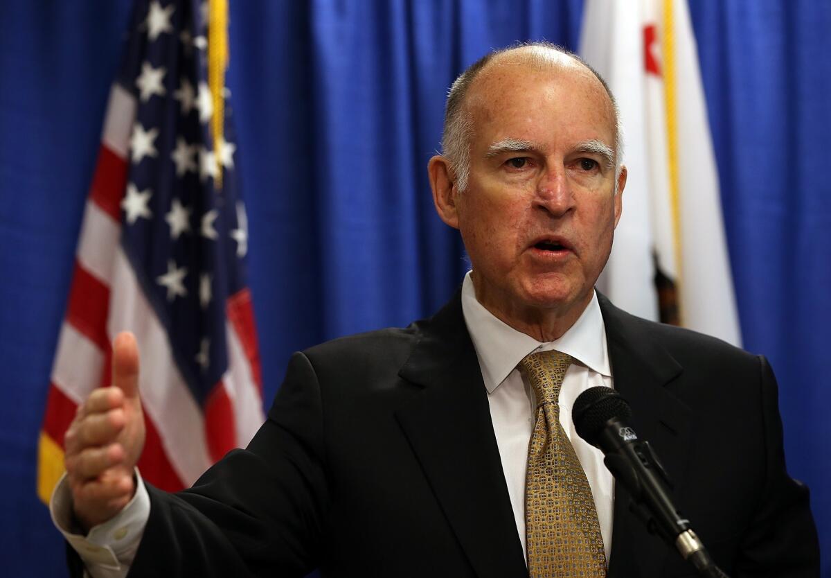 SAN FRANCISCO, CA - JANUARY 17: California Gov. Jerry Brown speaks during a news conference on January 17, 2014 in San Francisco, California. Gov. Brown declared a drought state of emergency for California as the state faces water shortfalls in what is expected to be the driest year in state history. Residents are being asked to voluntarily reduce water usage by 20%. (Photo by Justin Sullivan/Getty Images) ** OUTS - ELSENT, FPG, TCN - OUTS * NM, PH, VA if sourced by CT, LA or MoD **
