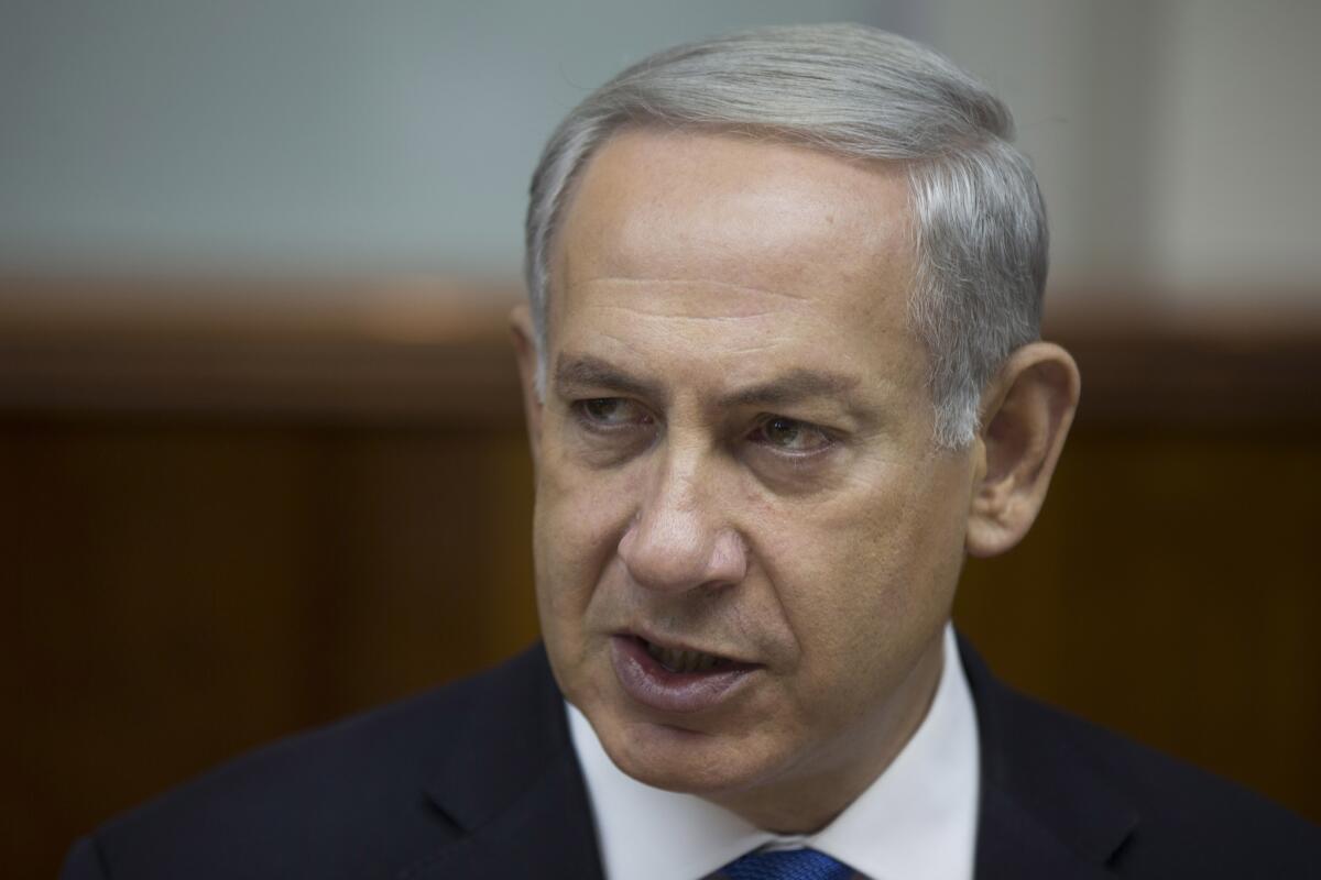 Israeli Prime Minister Benjamin Netanyahu is shown Sunday at his Cabinet's weekly meeting in Jerusalem.