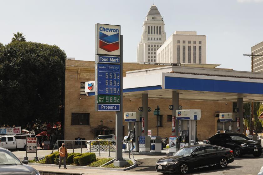 LOS ANGELES, CA - MARCH 09: High gas prices at the Chevron gas station located at East Cesar Chavez Ave and North Alameda Street in Los Angeles on March 9, 2021. Gas prices are expected to get worse before they get better. Los Angeles on Tuesday, March 9, 2021 in Los Angeles, CA. (Al Seib / Los Angeles Times).