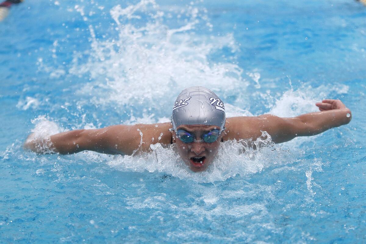 Newport Harbor's Carly Yasko competes in the 400-yard individual medley relay championship final of the Capistrano Valley Relays at Capistrano Valley High on March 10, 2018.