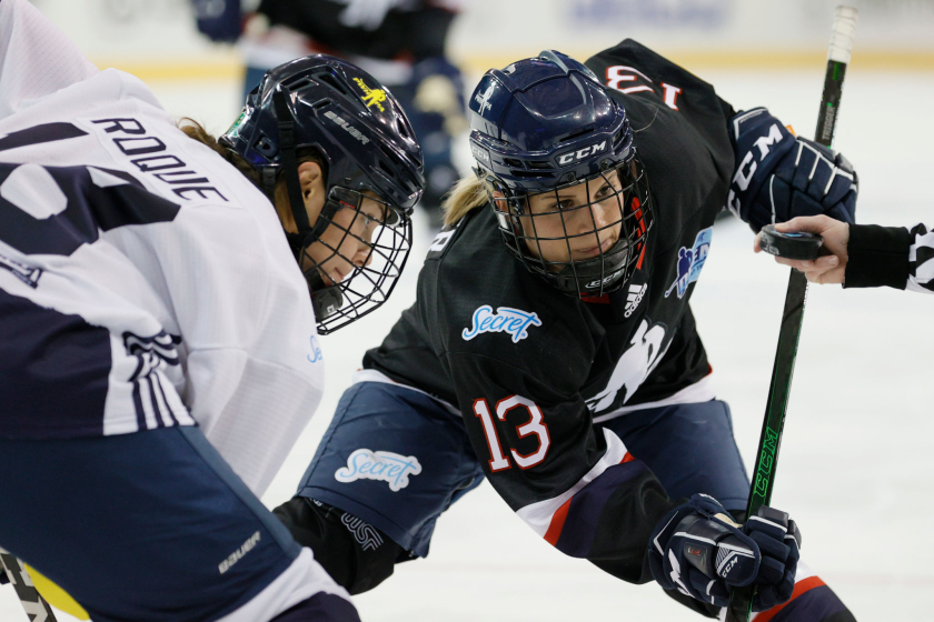 Brianna Decker faces off against Abby Roque during a Dream Gap Tour game Feb. 28 at Madison Square Garden.