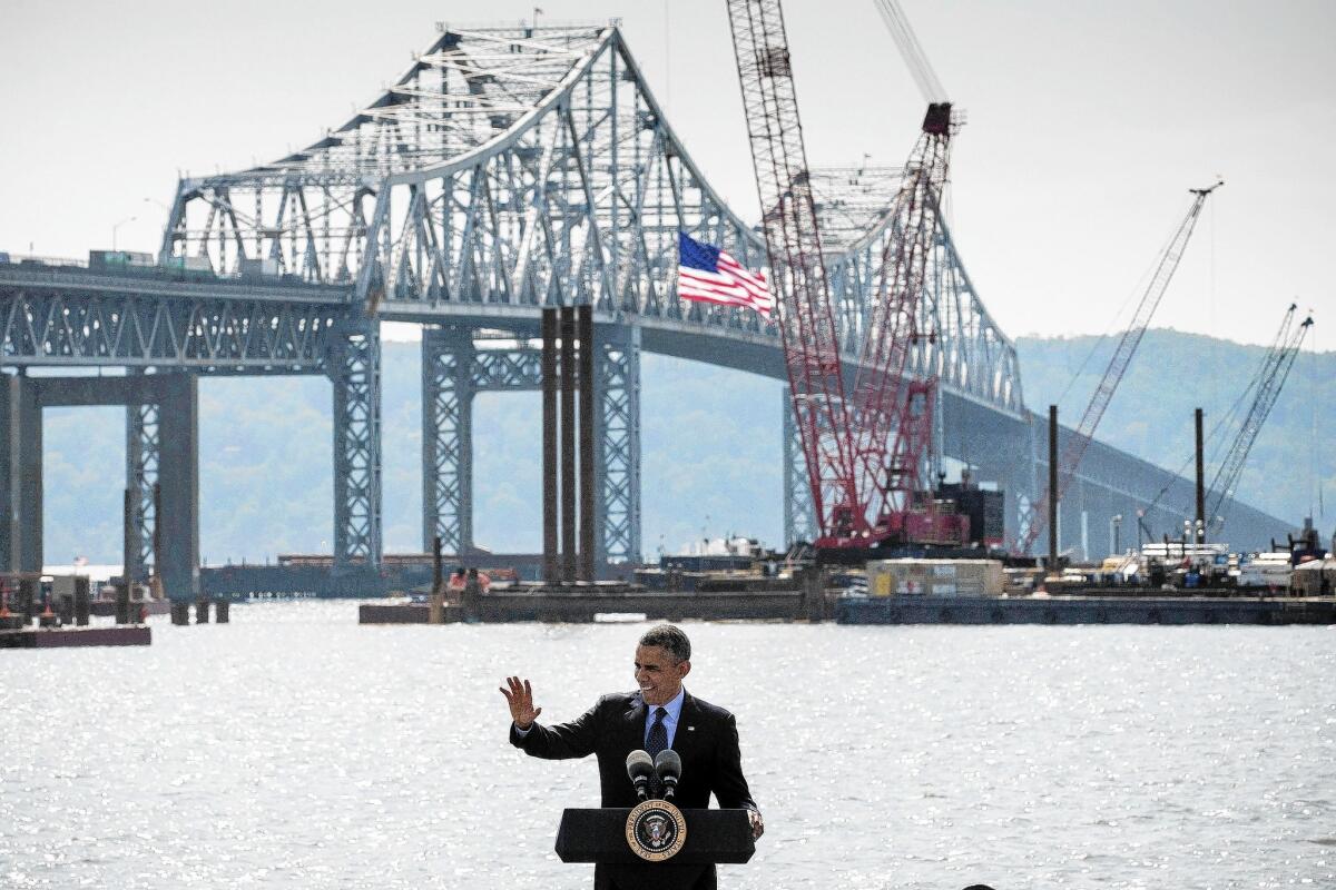 President Obama speaks in Tarrytown, N.Y., near the site of the new Tappan Zee Bridge being built over the Hudson River. He announced a plan to improve interagency coordination on federal permits -- the kind of nuts-and-bolts news Obama has often focused on this year.