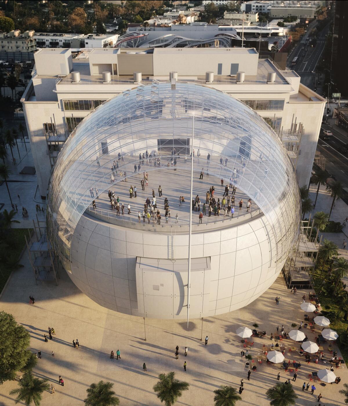 An aerial view rendering of the Academy Museum's David Geffen Theatre, with domed terrace on top.