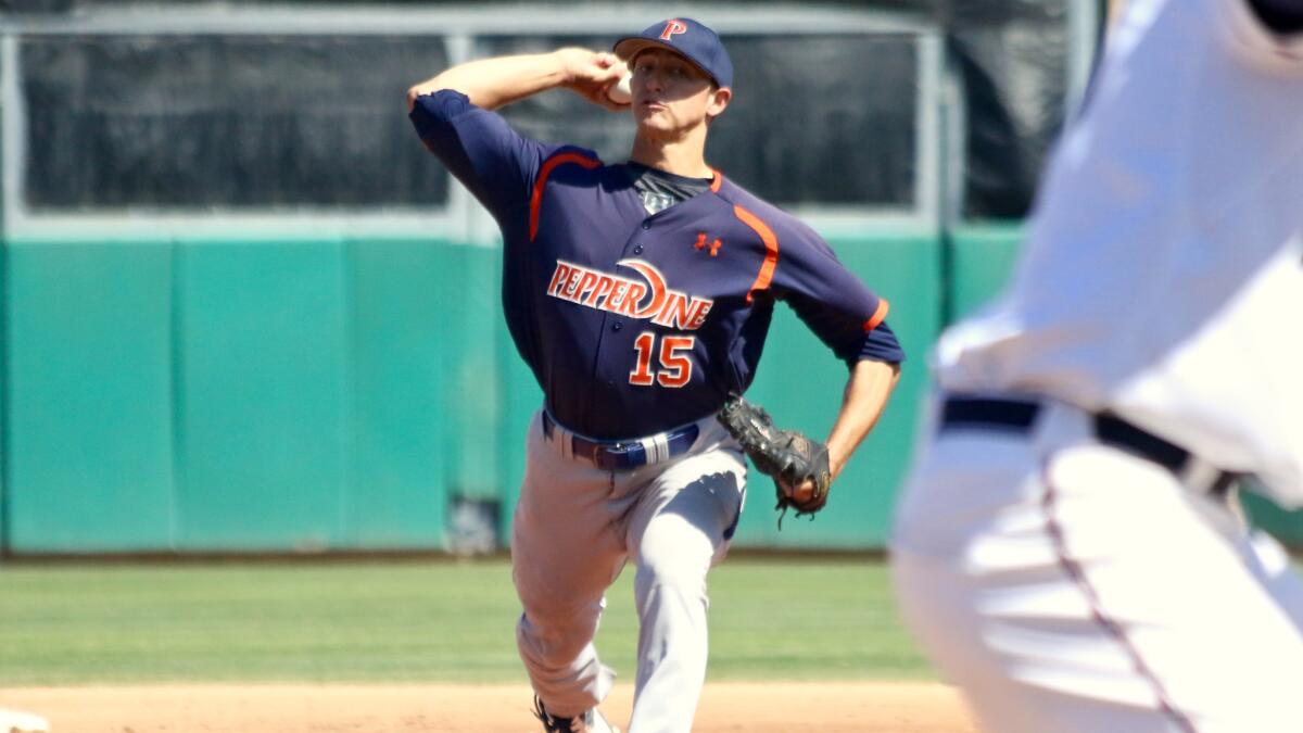 Pepperdine ace A.J. Puckett pitches against Saint Mary's in the West Coast Conference tournament at Stockton Ballpark.