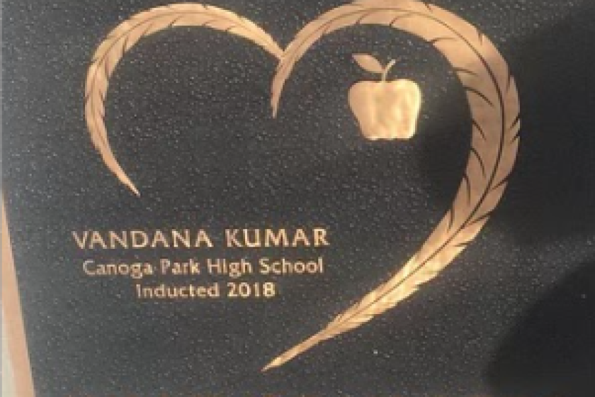 Courtesy: Vandana Kumar, a Canoga Park High School teacher, receives a Walk of Hearts plaque, May 5, 2018.