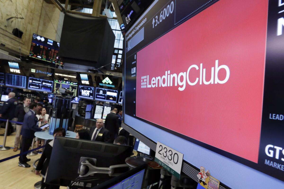 The logo of Lending Club, a leading "fintech" company based in San Francisco, on a video screen at the New York Stock Exchange on May 18.