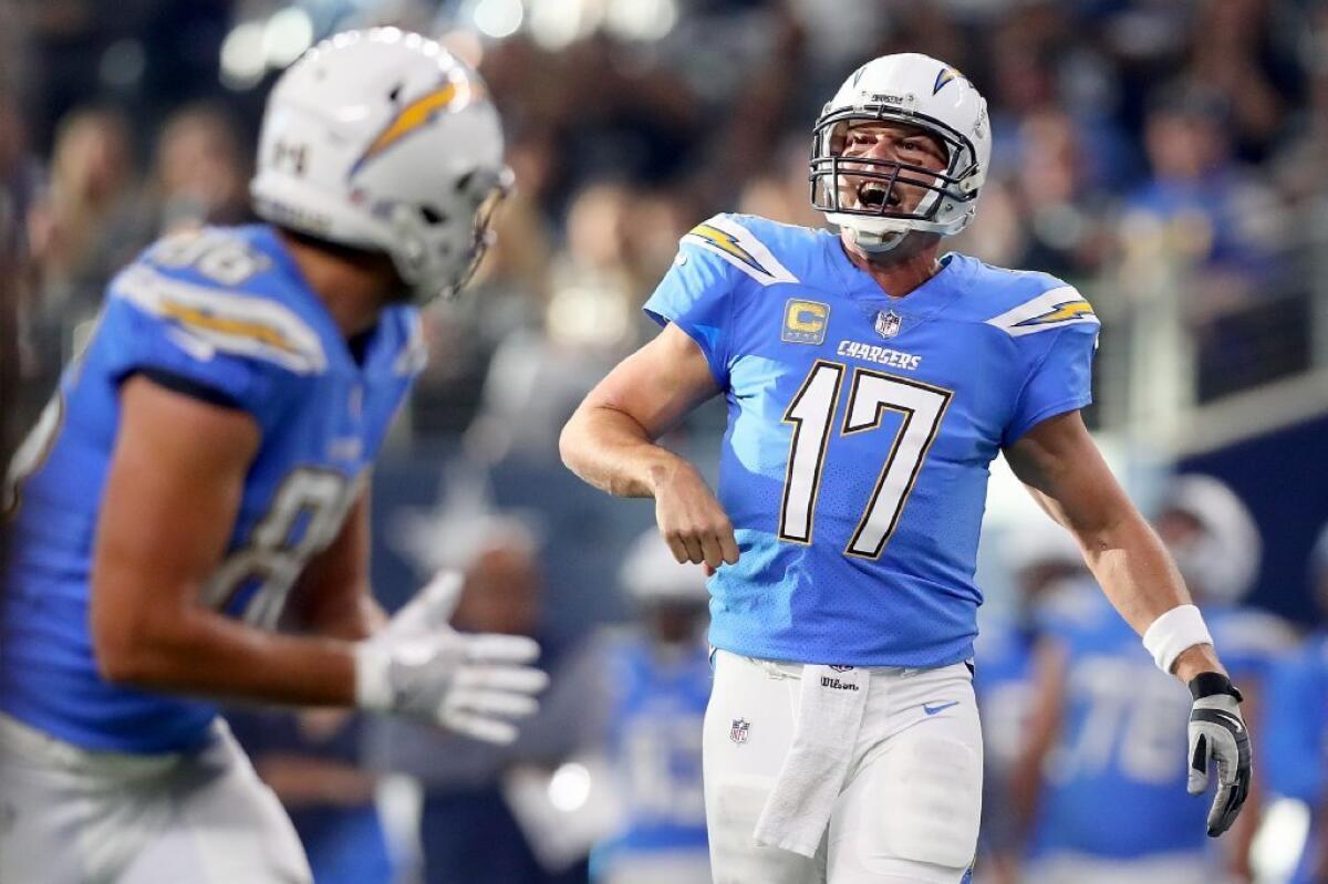 Chargers quarterback Philip Rivers reacts during his team's victory over the Dallas Cowboys on Thanksgiving Day.