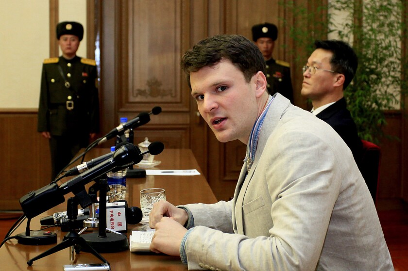 American student Otto Warmbier speaks during a news conference in Pyongyang, North Korea, in 2016.