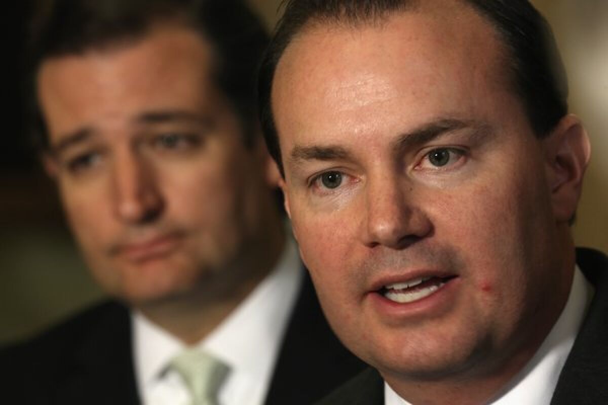 Sen. Mike Lee (R-Utah), foreground, is one of the key architects of the government shutdown along with fellow Republican Sen. Ted Cruz of Texas. Both have lost support in opinion polls.