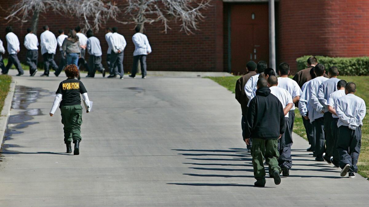 Youths march at Barry J. Nidorf Juvenile Hall in Sylmar as they are moved between locations.