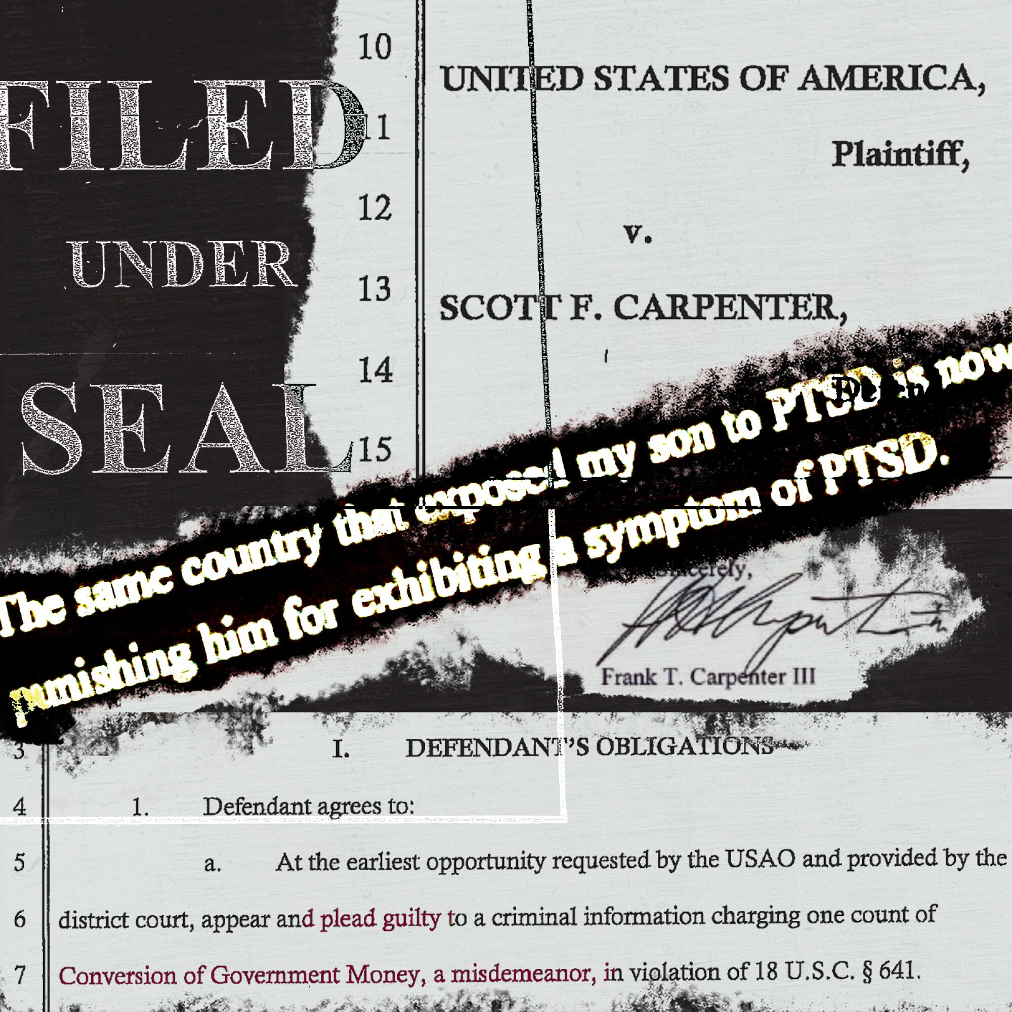 A photo illustration of documents related to Scott Carpenter's trial.