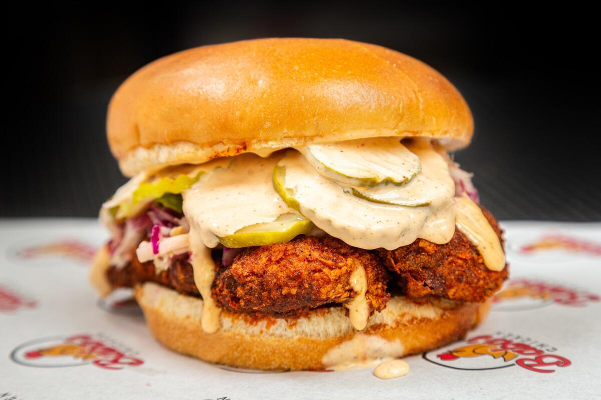 A hot chicken sandwich at newly opened Baba's Hot Chicken in Hillcrest.