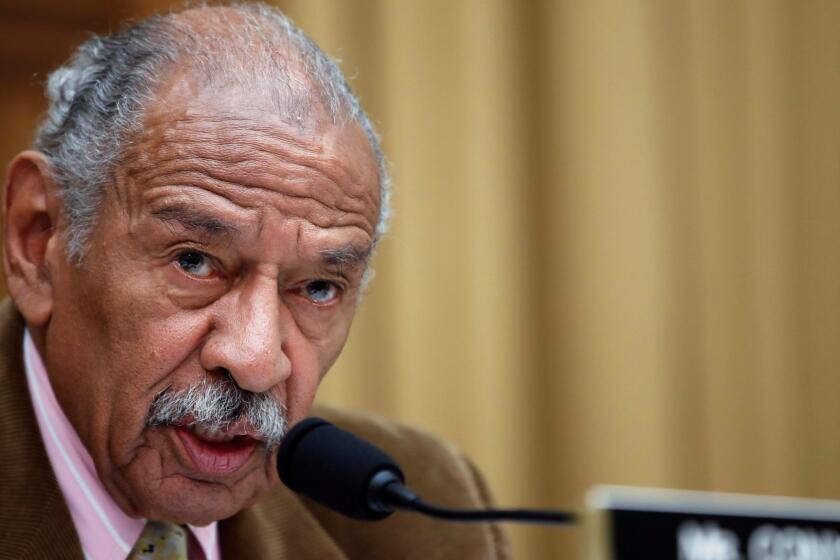 FILE- In this April 4, 2017, file photo, Rep. John Conyers, D-Mich., speaks during a hearing of the House Judiciary subcommittee on Capitol Hill in Washington. Buzzfeed, a news website, is reporting that Conyers settled a complaint in 2015 from a woman who alleged she was fired from his Washington staff because she rejected his sexual advances. Calls to Conyers and his office seeking comment were not immediately returned Monday, Nov. 20. (AP Photo/Alex Brandon, File)