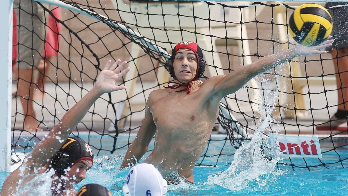 Ocean View High's Nico Falcon, pictured saving a shot against Fountain Valley on Sept. 12, 2017, made 14 saves in the Seahawks' 8-3 loss to Glendale in the first round of the CIF Southern Section Division 5 playoffs on Tuesday.