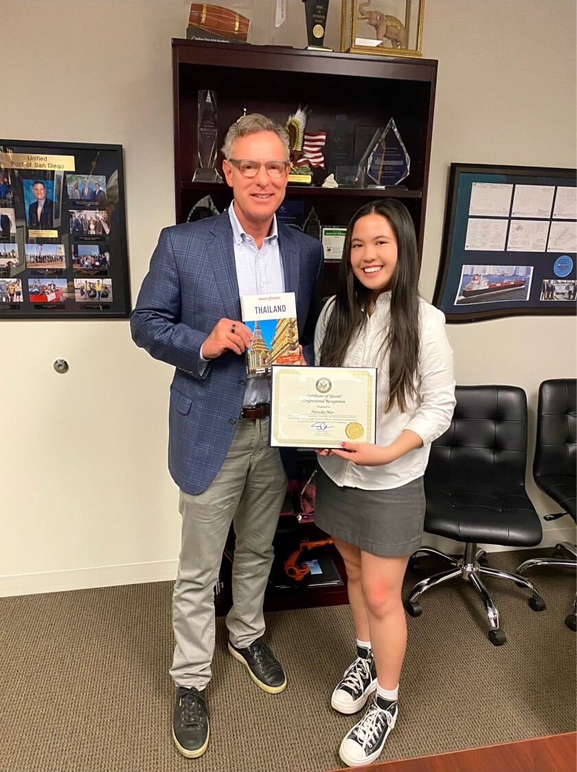 U.S. Rep. Scott Peters awarded a Certificate of Special Congressional Recognition to Bishop's School student Natasha Mar.