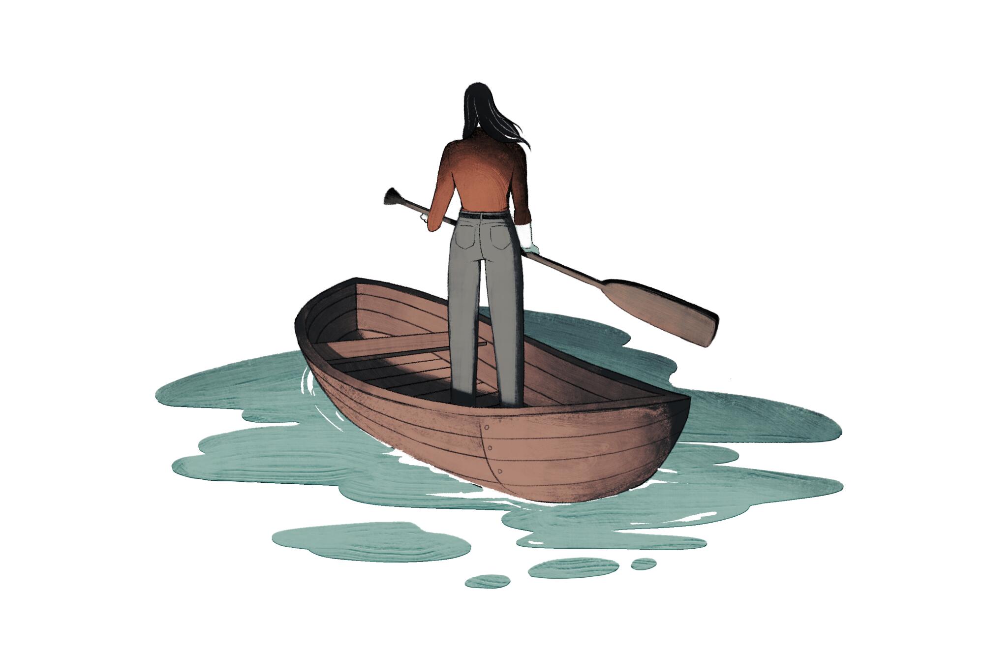 Illustration of a woman from behind, standing in boat holding an oar, looking out into white space