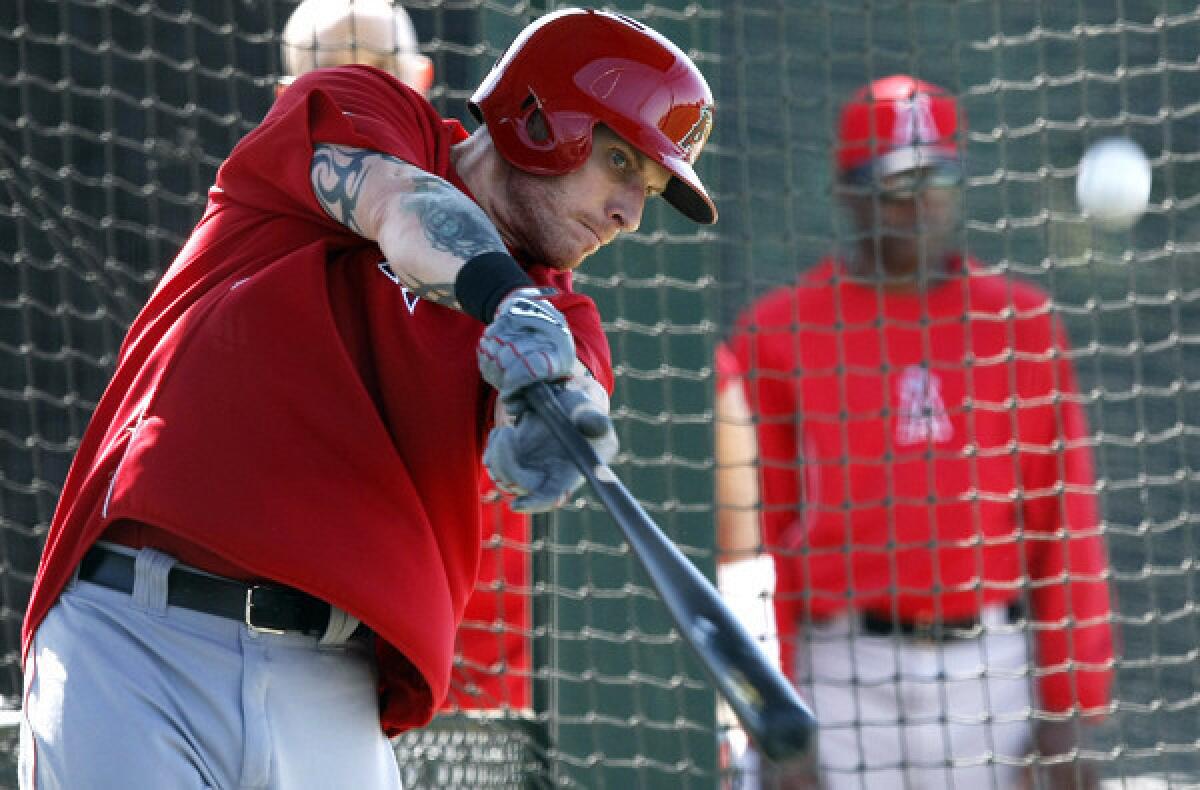 Angels left fielder Josh Hamilton, taking batting practice before exhibition play, is scheduled to hit again Sunday as he works his way back from a strained left calf.