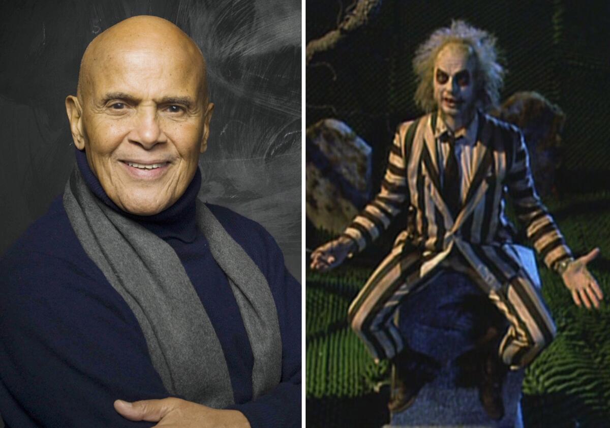 A portrait of Harry Belafonte and a photo of Michael Keaton as Beetlejuice.