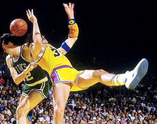 Kurt Rambis gets clotheslined by Celtics power forward Kevin McHale in Game 4 of the 1984 NBA Finals on a fastbreak layup.