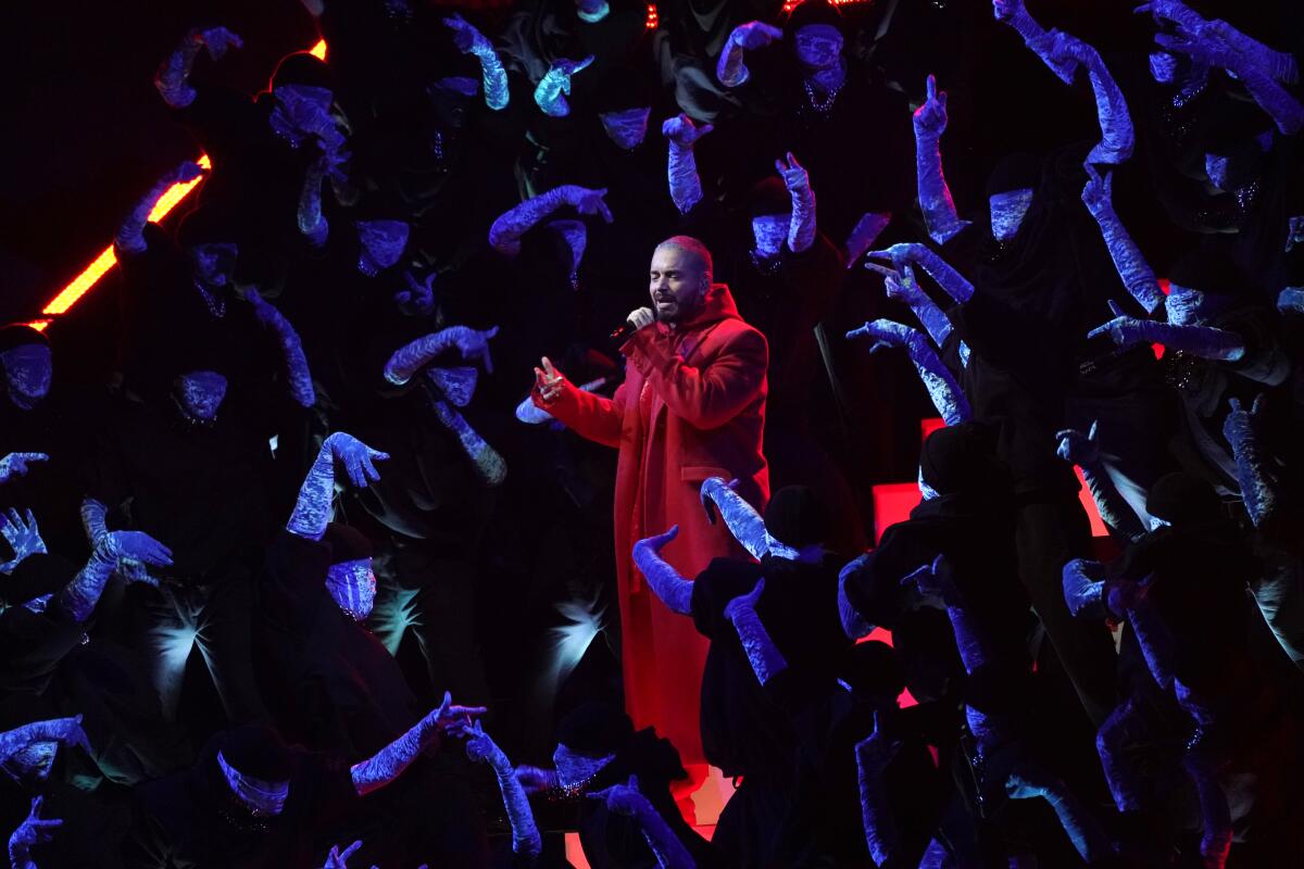 J Balvin performs at the 64th Grammy Awards.