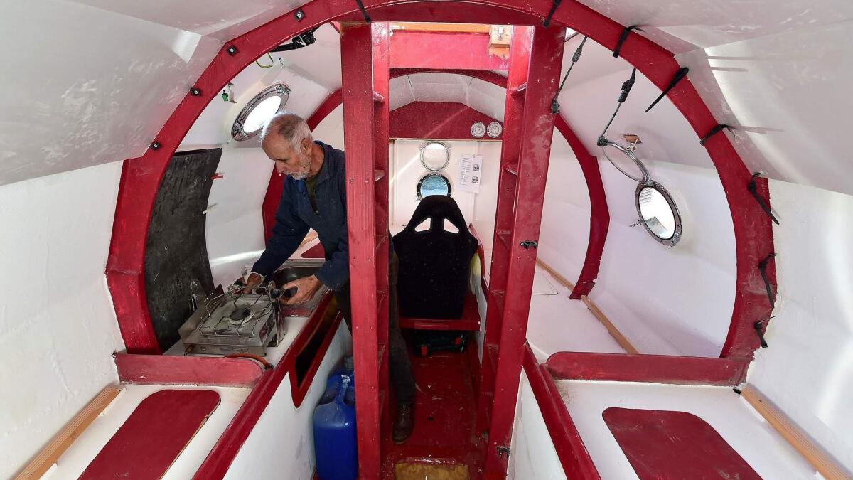 A view inside adventurer Jean-Jacques Savin’s barrel ship, which has about 65 square feet of living space.