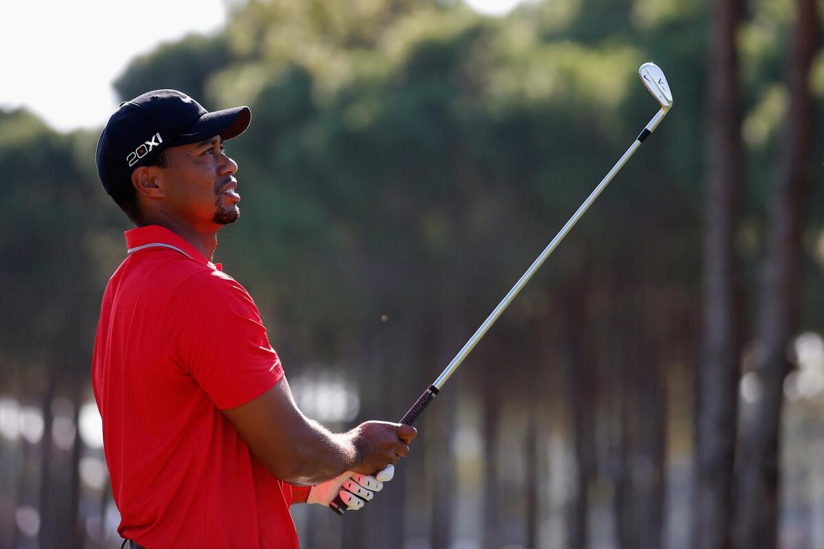 Tiger Woods hits a tee shot during the final round of the Turkish Open on Nov. 10.