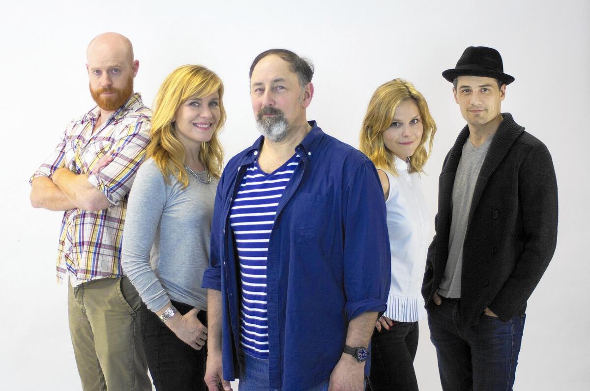 Actors Jud Williford, Heidi Dippold, Arye Gross, Virginia Vale and Enver Gjokav in the world premiere of "Future Thinking" by Eliza Clark.